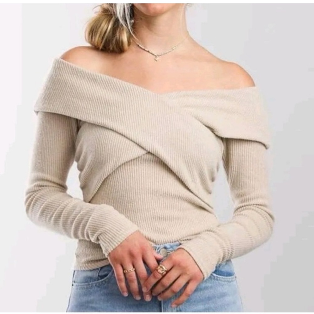 Free People XL Marley Top - off shoulder knit ribbed sweater in oatmeal